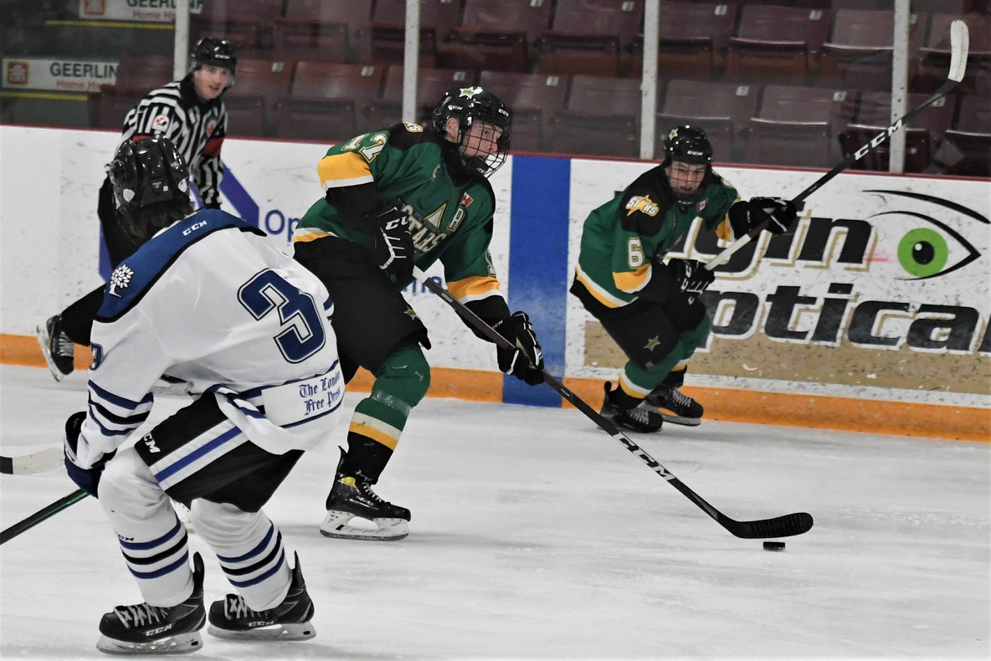 St. Thomas Star Tyler Alexander (17) moves the puck in to the London Nationals' zone, during GOJHL action Friday at the Joe. <i> (photo / Rob J. Ross) </i> action