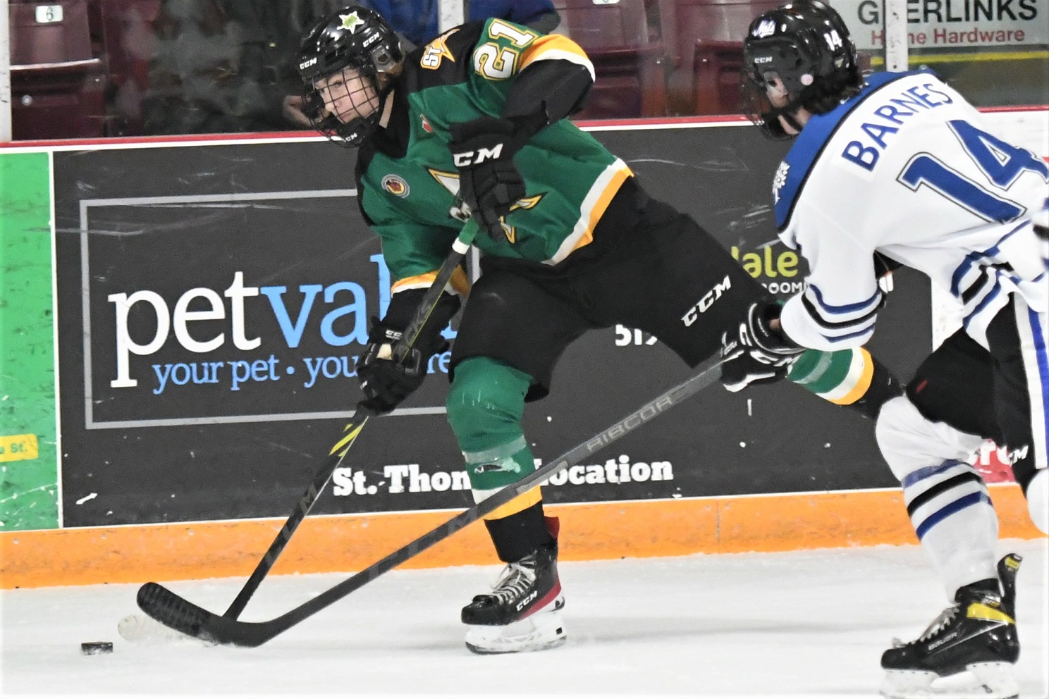St. Thomas Star mathieu Paris takes a shot at the London Nationals' net, during GOJHL action Friday at the Joe. <i> (photo / Rob J. Ross) </i> action