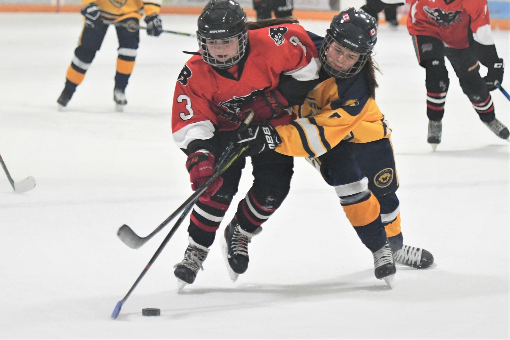 BAD Blazer Addison Tracey (3) works to fend off Wilmot Wolverine Tori Burchatzki, during U15BB action at the Panthers on the Prowl hockey tournament, Saturday at the Joe. Sienna Keast scored for the Blazers in a 1-1 tie.  <i> (photo / Rob J. Ross) </i> action
