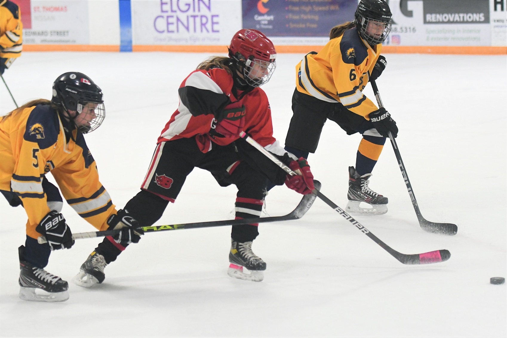 BAD Blazer Dani Breen splits Wilmont Wolverines' Tori Burchazki (5) and Haylie Brett (6), during U15BB action, at the Panthers on the Prowl hockey tournament, Saturday at the Joe.   <i> (photo / Rob J. Ross) </i> action