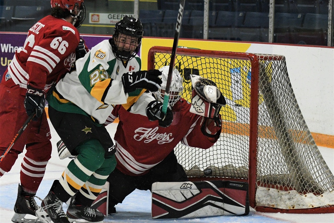 St. Thomas Star Patterson MacNair (23) celebrates Mathieu Paris' first goal of the season against the Leamington Flyers, in Greater Ontario Junior Hockey at the Joe. The Stars fell a goal short, in a 2-1 loss.    <i> (photo / Rob J. Ross) </i> action