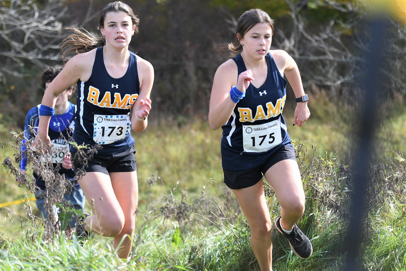 St. Joseph's Rams Emelia Brodrip (173) and Marin Payne (175) during the junior four kilometre race, at the TVRA Tricounty cross country championships at Strathroy. <i> (photo / Rob J. Ross) </i> action