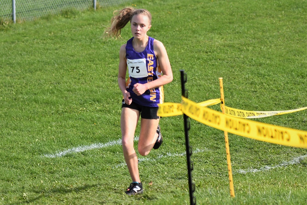 East Elgin Eagle Adrianna Borm was the junior girls' champion, at the TVRA Tricounty cross country championships at Strathroy. <i> (photo / Rob J. Ross) </i> action